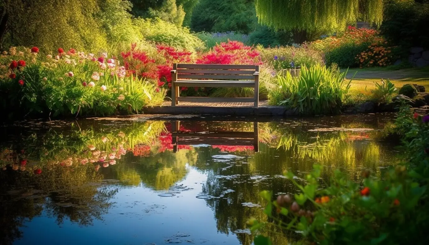 A bench in a garden with a pond and a pond that has flowers.