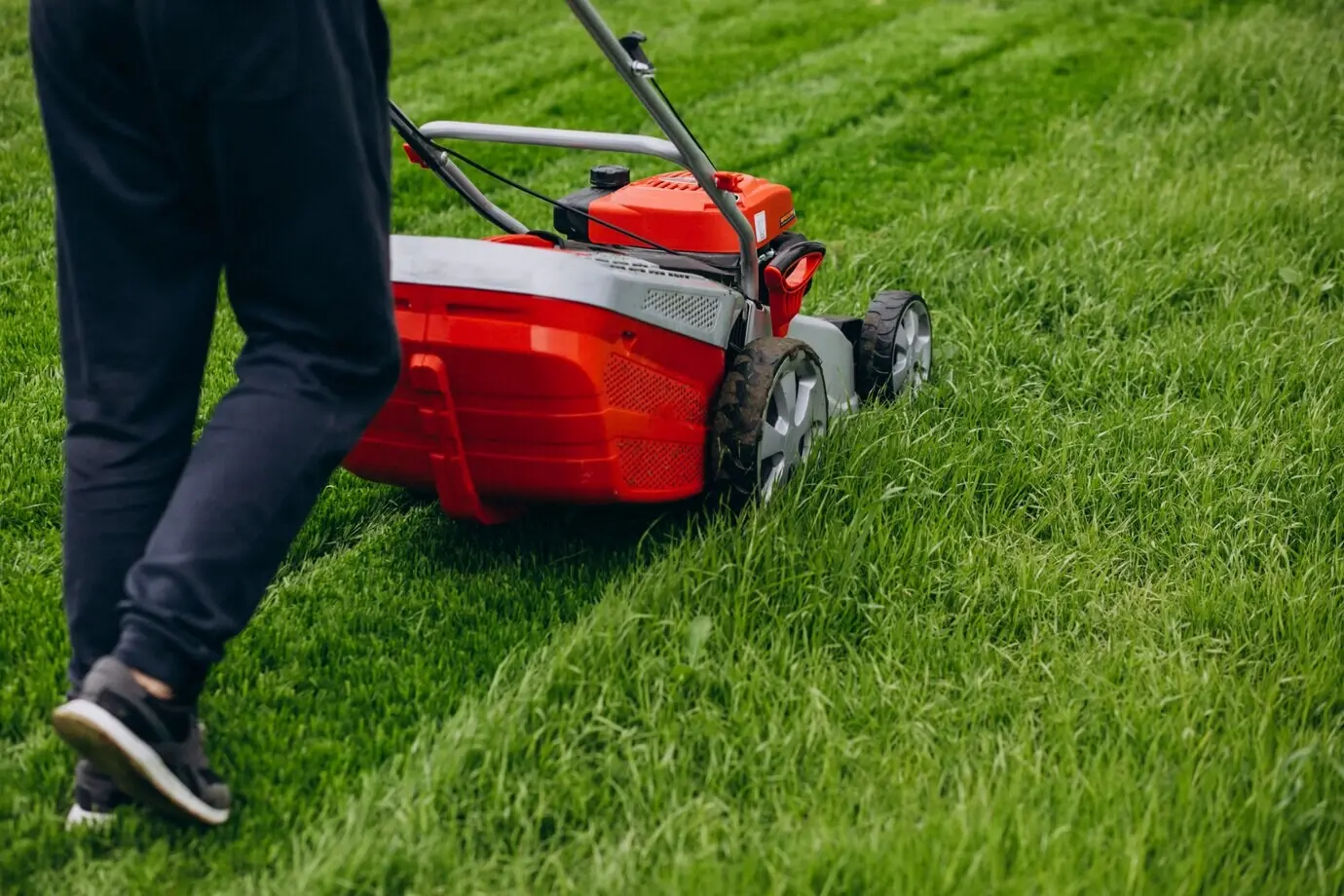 A man using a lawn mower to cut grass in the backyard.